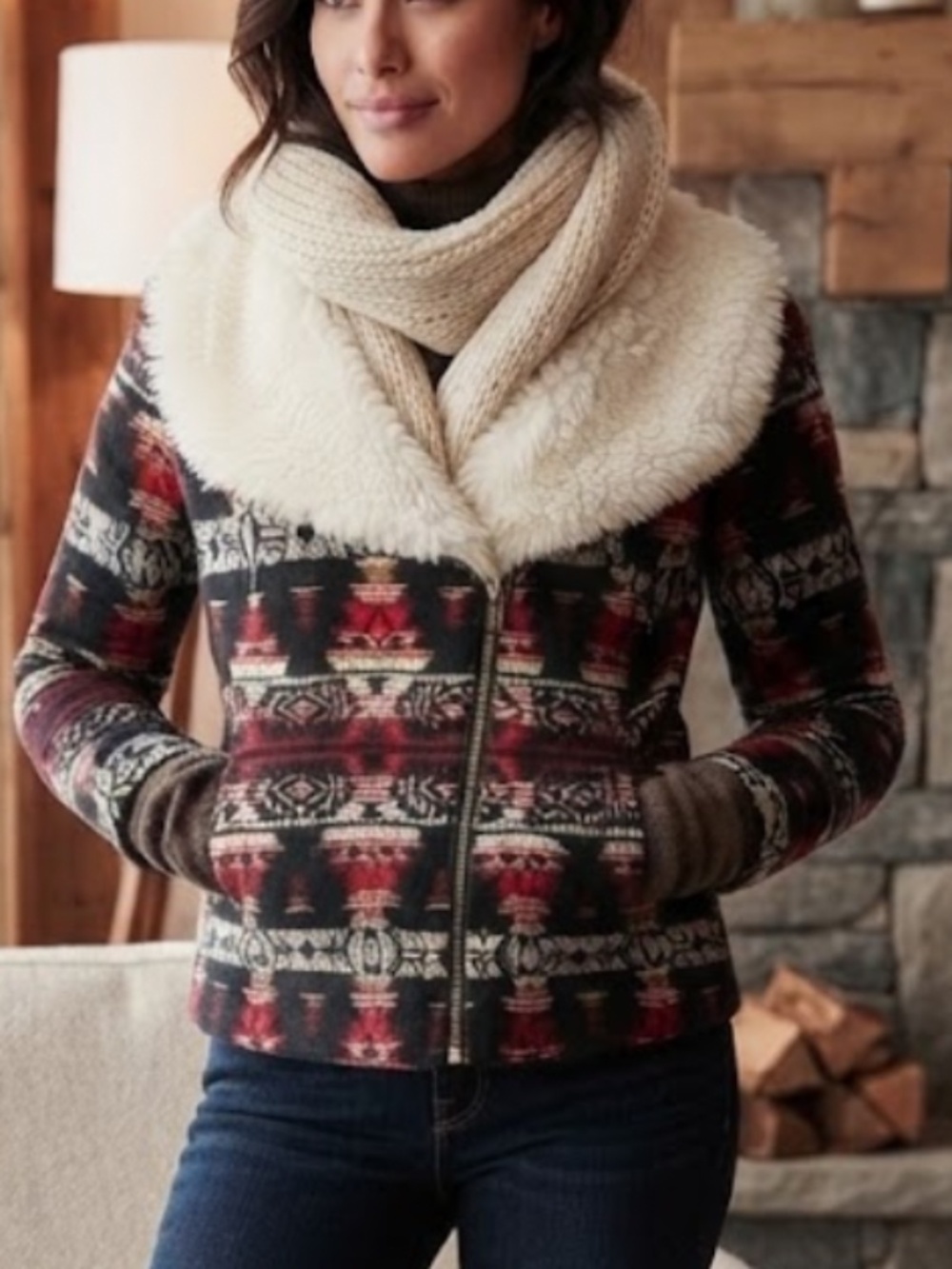 Ella Moss Anthropologie Coat Southwestern Motif Faux Fur Collar Winter Black - Picture 16 of 16